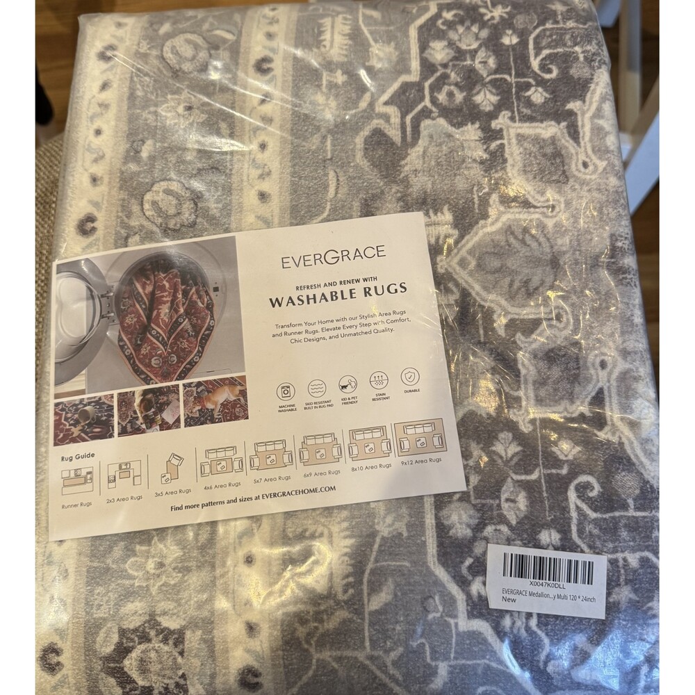 New EverGrace Medallion Gray Print 10 Foot Runner Washable Rug 2 x 10